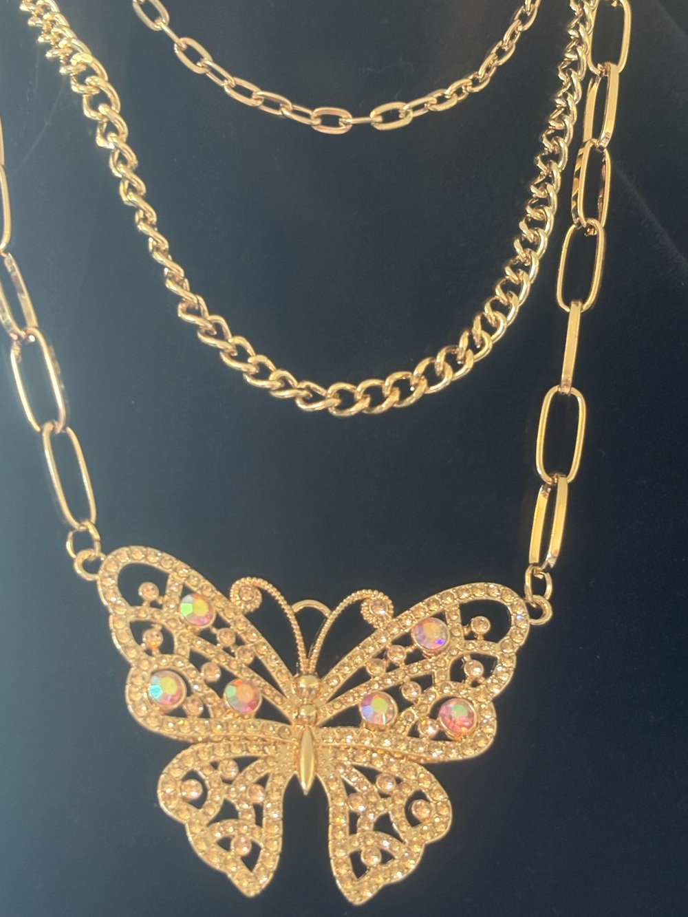 Gold tone Butterfly Pendant Layered Necklace - Gold Color